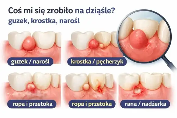 Ilustracja pokazuje różne zmiany w jamie ustnej: guzek, krostkę, ropę i ranę na dziąśle.